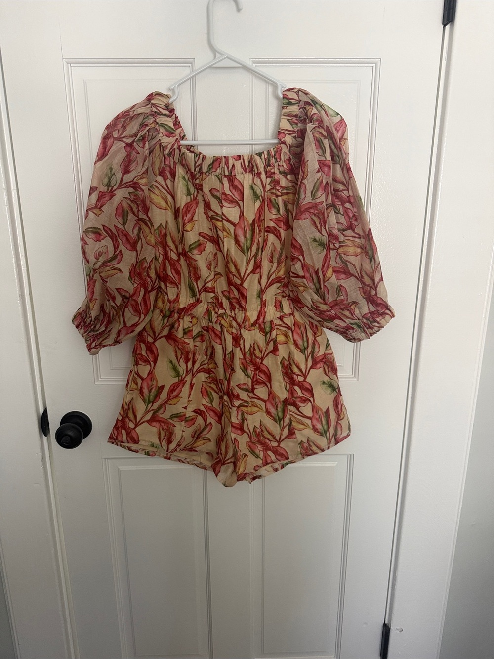 Lovers + Friends Cream Floral Puff-Sleeve Tunic Romper with Pink & Green Print
